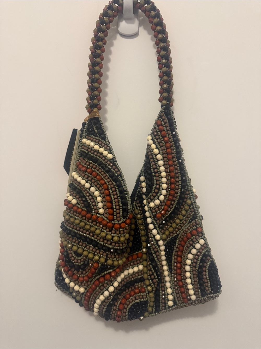 Hand-Beaded Multicolor Shoulder Bag - Olive, Rust & Cream